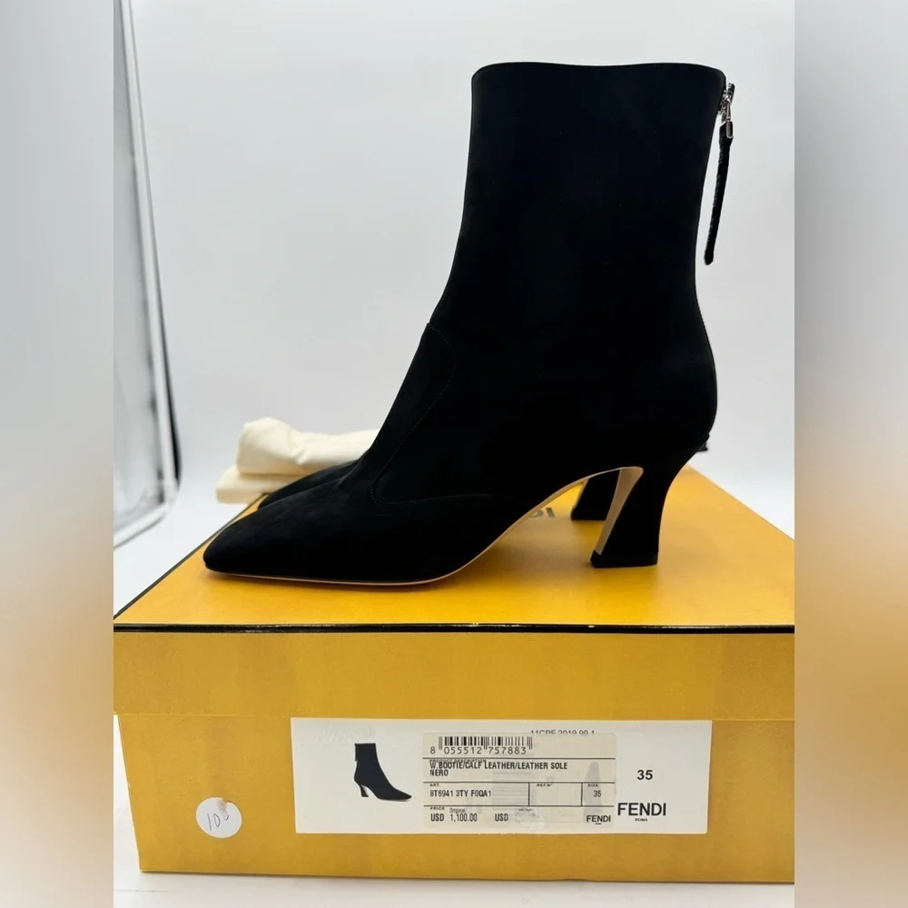 Fendi Black Suede Ankle Boots Logo Zip Heel Booties NWT Box IT 35